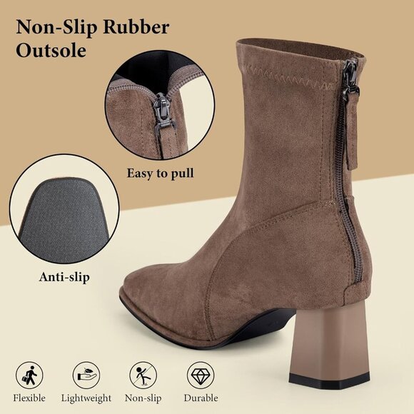 Women's Square Toe Ankle Chestnut Boot Faux Suede Low Brown Heel Chelsea Shoes - Picture 6 of 9